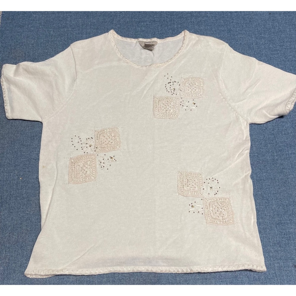 Teddi White Crochet Patch Beaded Knit Top Ramie Cotton Vintage Style Size M